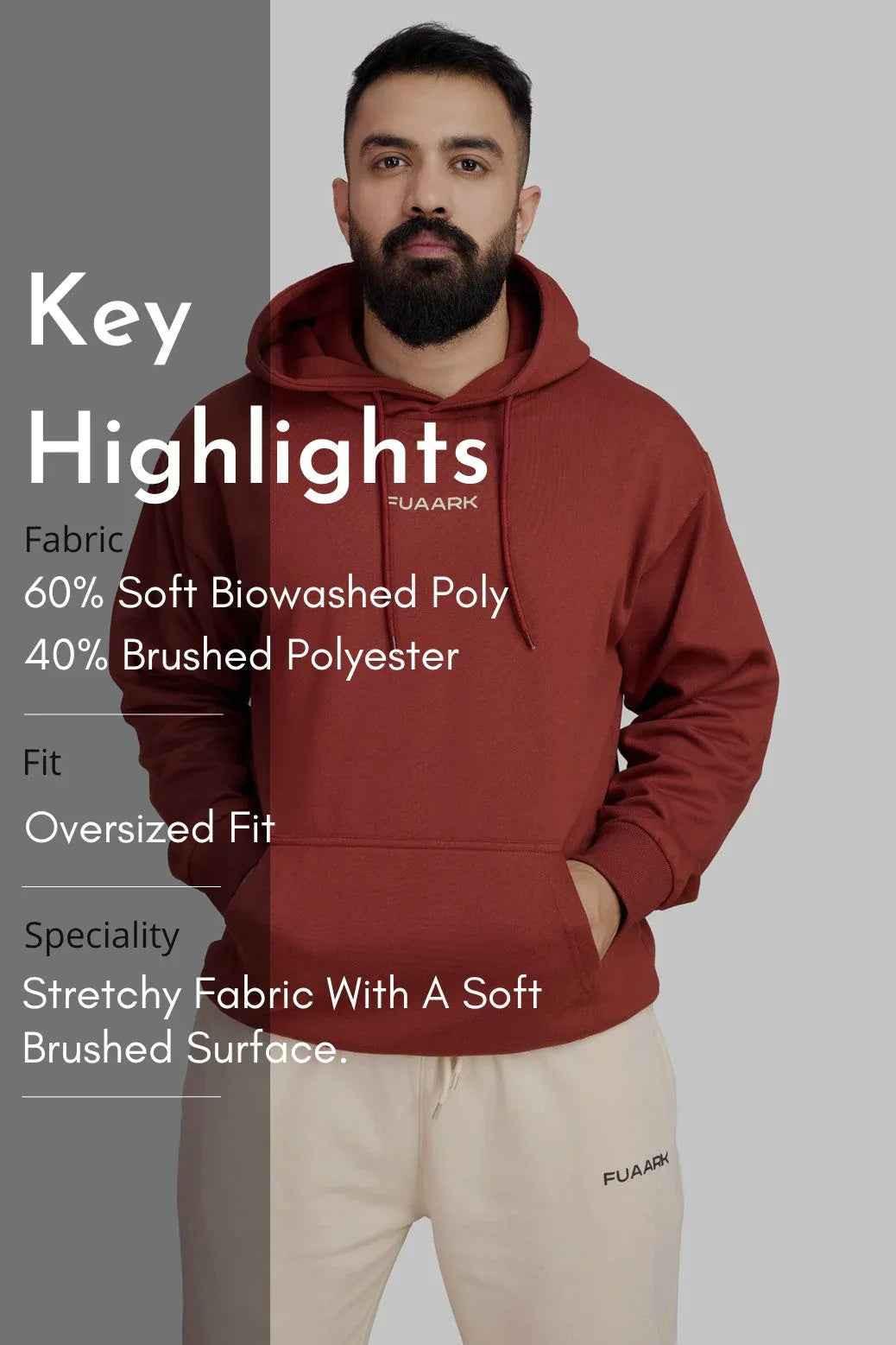 Fuaark Nz Signature Oversized Rust Hoodie, casual fit with soft fabric, front pocket and hood, perfect for comfort and style.