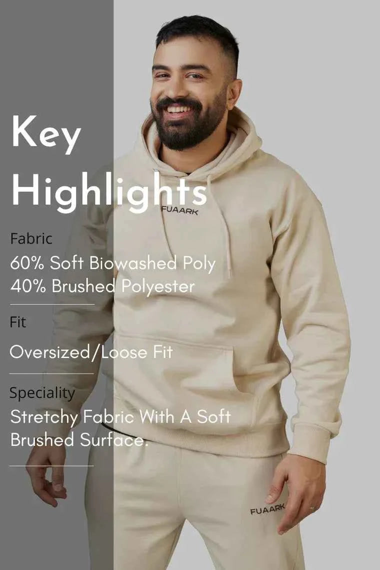 Beige unisex oversized hoodie by Fuaark Nz, featuring a relaxed fit and stylish comfortable design for everyday wear.