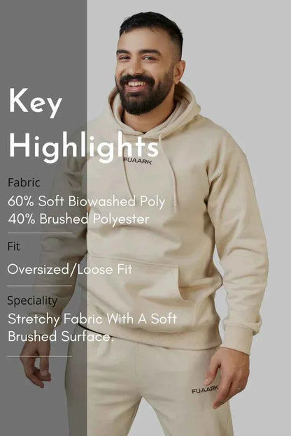 Beige unisex oversized hoodie by Fuaark Nz, featuring a relaxed fit and stylish comfortable design for everyday wear.