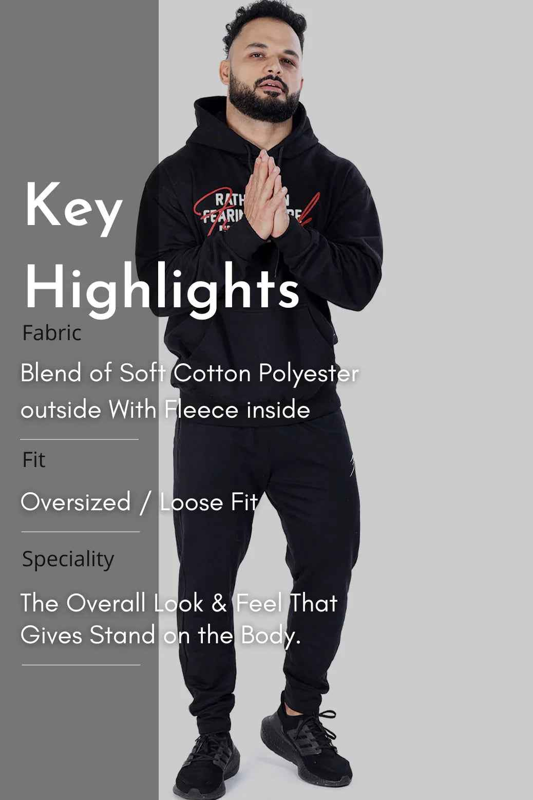 Oversized black hoodie by Fuaark Nz featuring a frosted black design, casual fit, and soft fabric, styled for comfort.