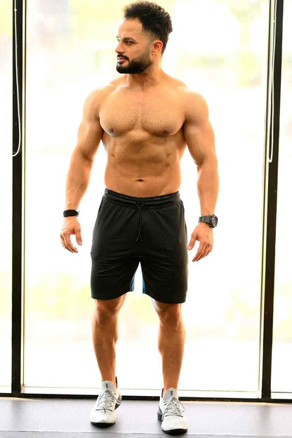 Fuaark Nz black and blue box jogger shorts, men's casual athletic shorts with comfortable fit and stylish design.