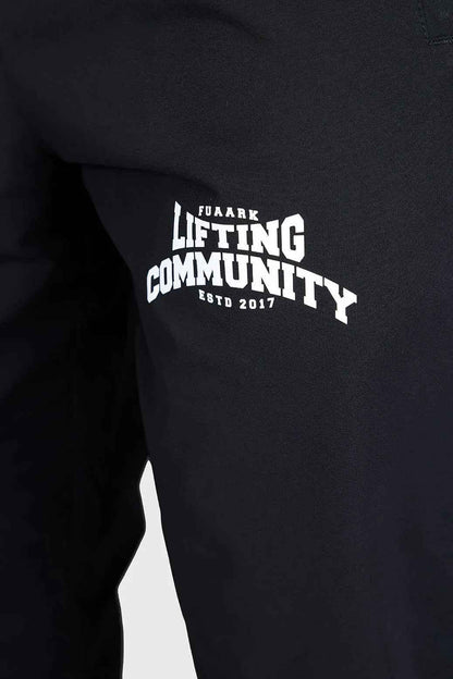 Black Fuaark Nz lifting joggers designed for comfortable community workouts, featuring a relaxed fit and athletic style.
