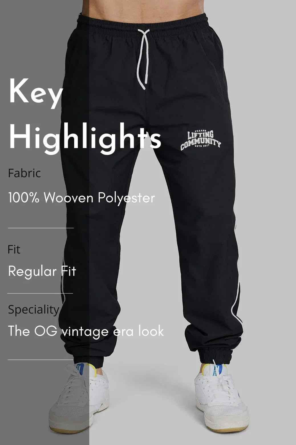 Fuaark Nz black lifting joggers for community workouts, made of comfortable fabric, shown on a model with side pockets.