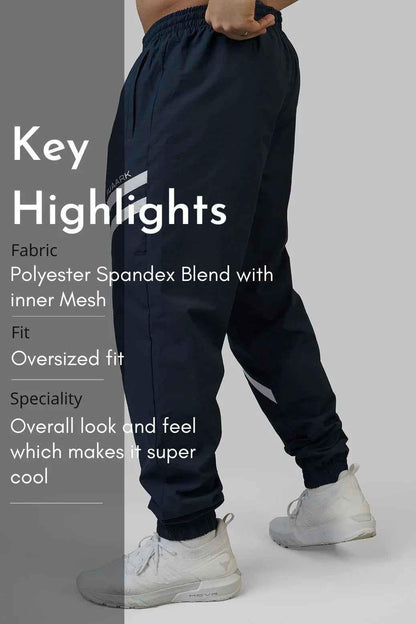 Navy Fuaark Nz Momentum Joggers displayed flat, showing relaxed fit and elastic waistband, made from soft athletic fabric