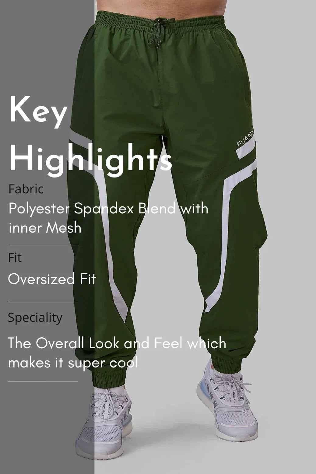 Fuaark Nz Momentum Joggers in olive color, casual joggers made from soft fabric, shown laid flat on a white background.