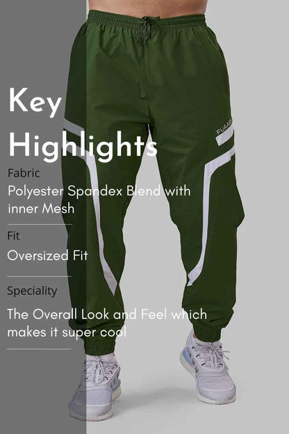 Fuaark Nz Momentum Joggers in olive color, casual joggers made from soft fabric, shown laid flat on a white background.