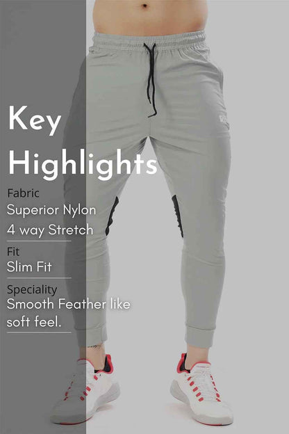 Light grey nylon joggers by Fuaark Nz featuring a relaxed fit and stylish design for comfortable everyday wear.