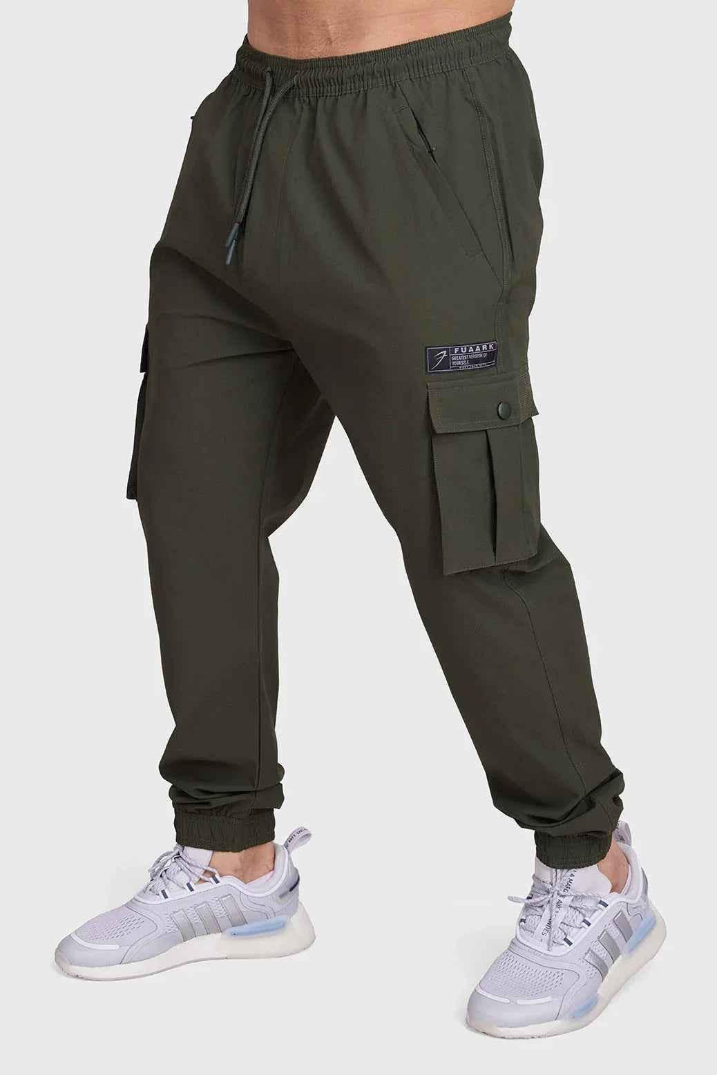 Fuaark Nz Script Cargo Joggers in army green, featuring multiple pockets and comfortable fit, casual men's joggers.