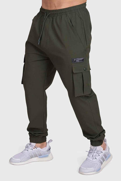 Fuaark Nz Script Cargo Joggers in army green, featuring multiple pockets and comfortable fit, casual men's joggers.