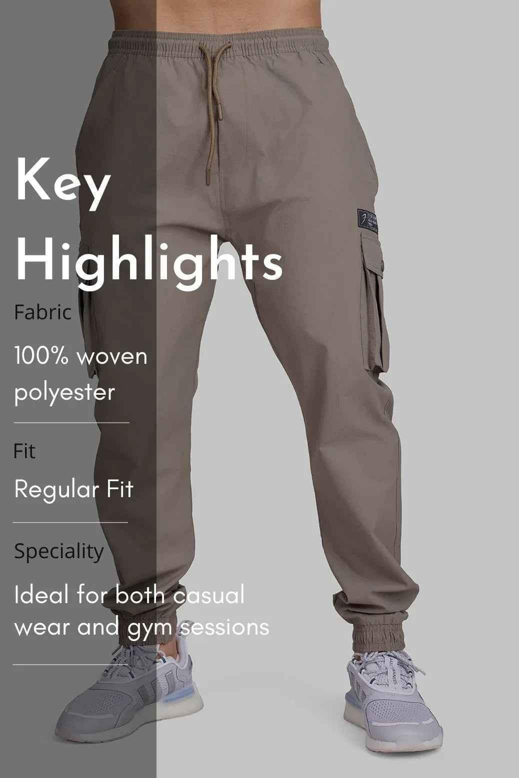Brown Script Cargo Joggers by Fuaark Nz with multiple pockets and relaxed fit, shown on a model against a neutral background.