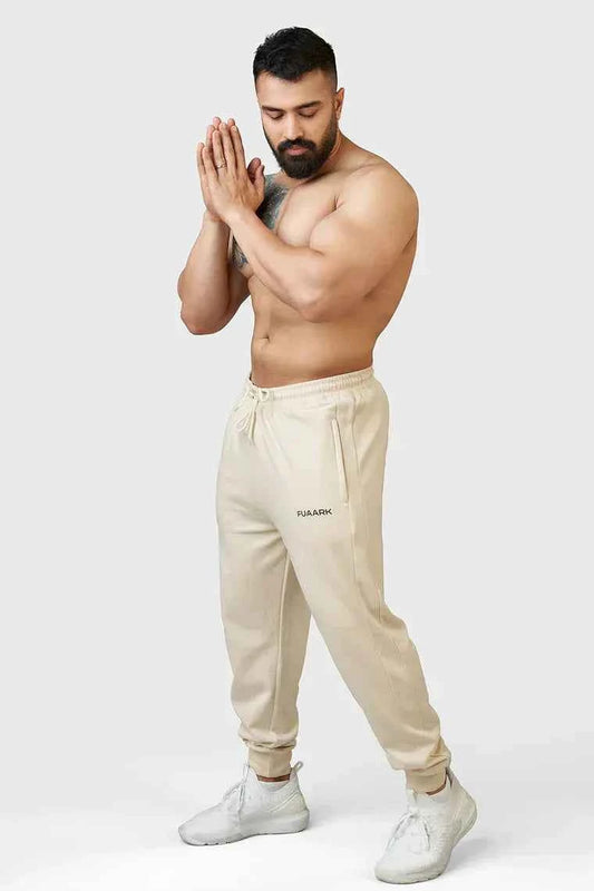 Fuaark Nz Signature Oversized Beige Joggers with relaxed fit and elastic waistband, casual loungewear for men.