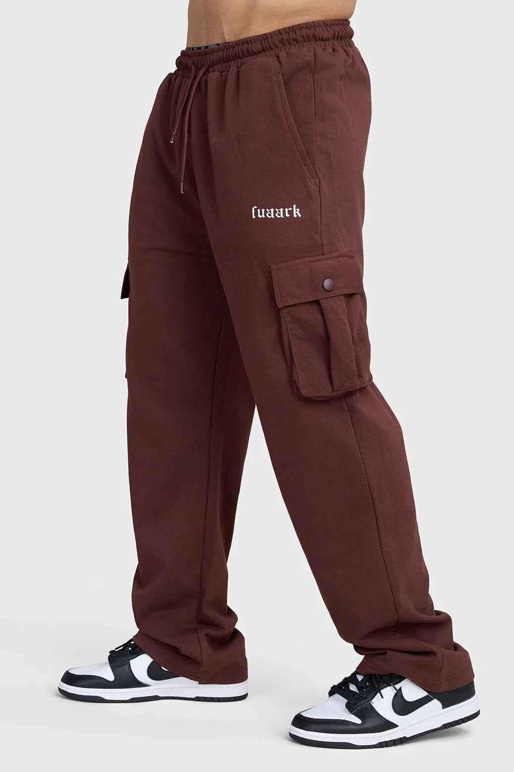 Brown Fuaark NZ Pinnacle Pocket Pants joggers with functional pockets, slim fit design, made for comfortable casual wear.