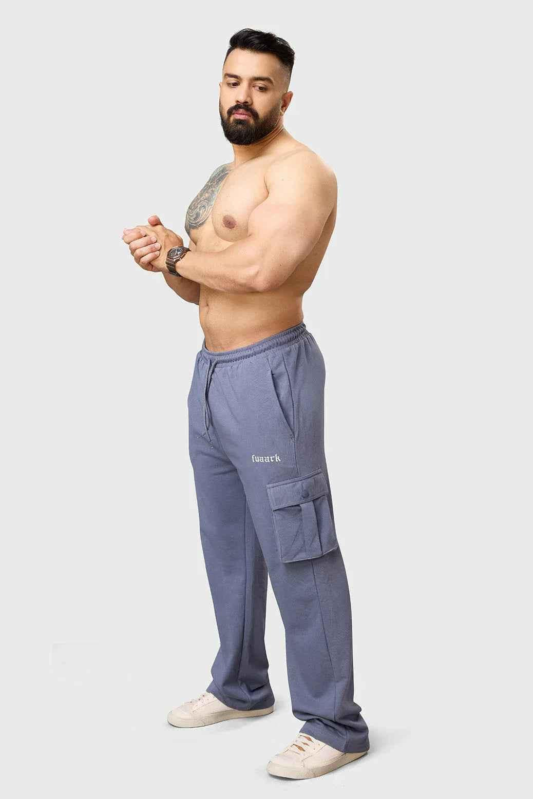 Grey Pinnacle Pocket Pants joggers by Fuaark Nz, showing the relaxed fit and pocket details on soft fabric.