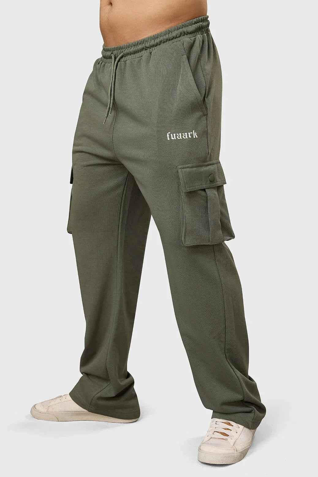 Olive Fuaark NZ Pinnacle Pocket Pants joggers with side pockets and relaxed fit, made for comfort and casual style.