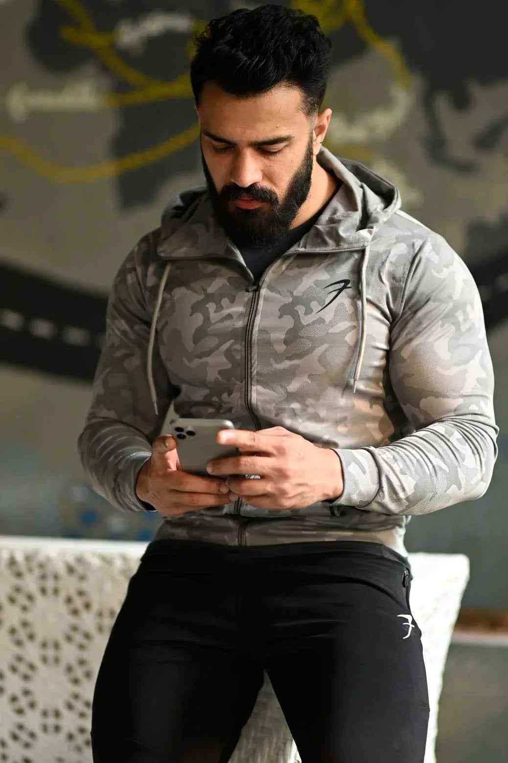 Light grey camo jacket for men by Fuaark Nz, stylish and versatile casual outerwear for various occasions.
