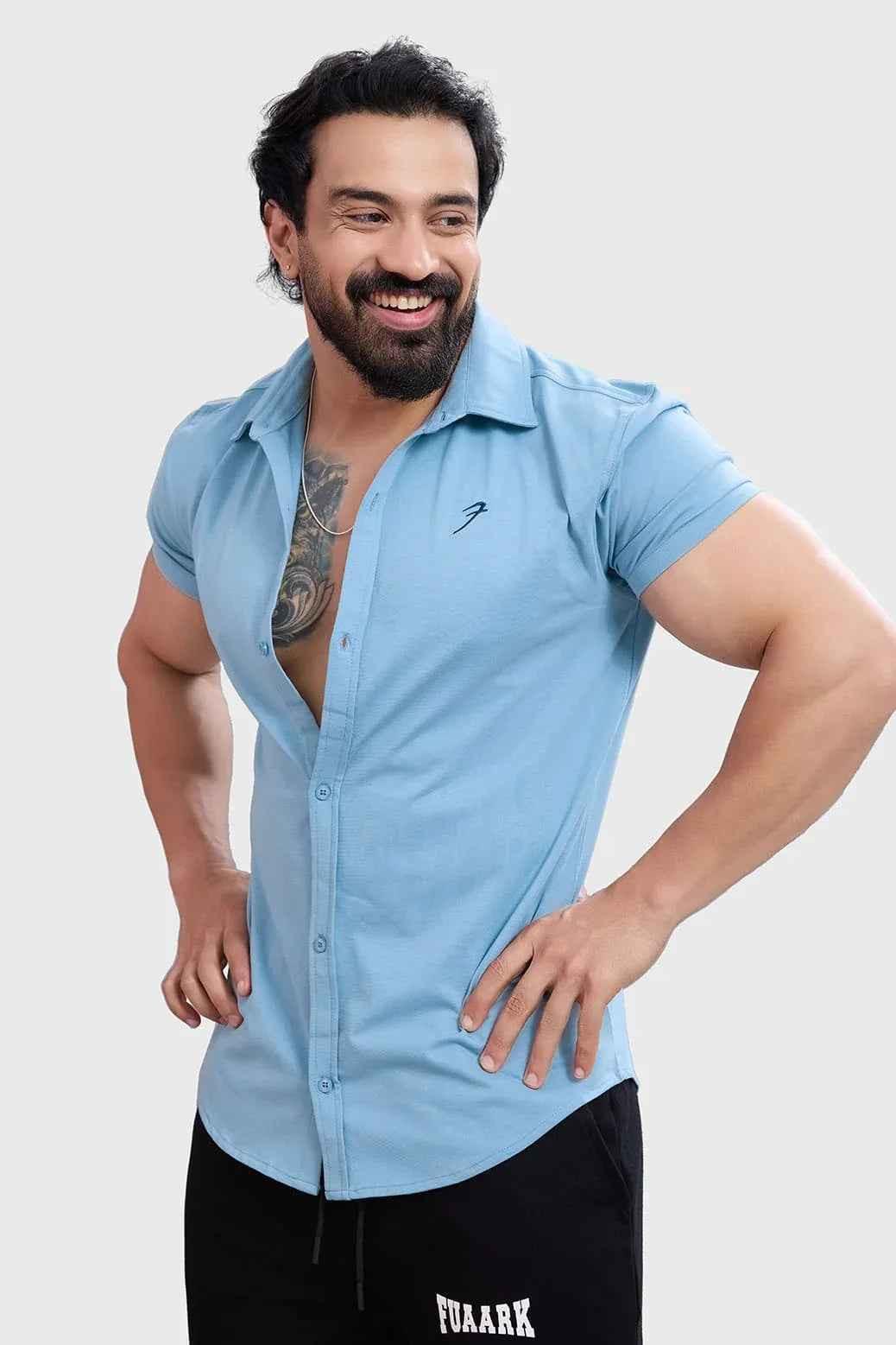 Men's Aero Shirt in Stone Blue by Fuaark Nz, featuring a stylish casual design and soft fabric, ideal for everyday wear.