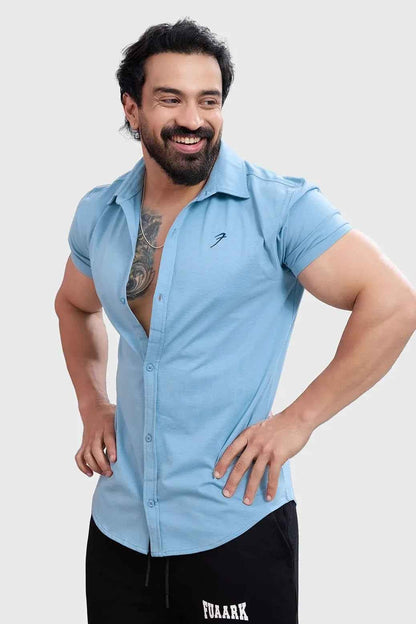 Men's Aero Shirt in Stone Blue by Fuaark Nz, featuring a stylish casual design and soft fabric, ideal for everyday wear.