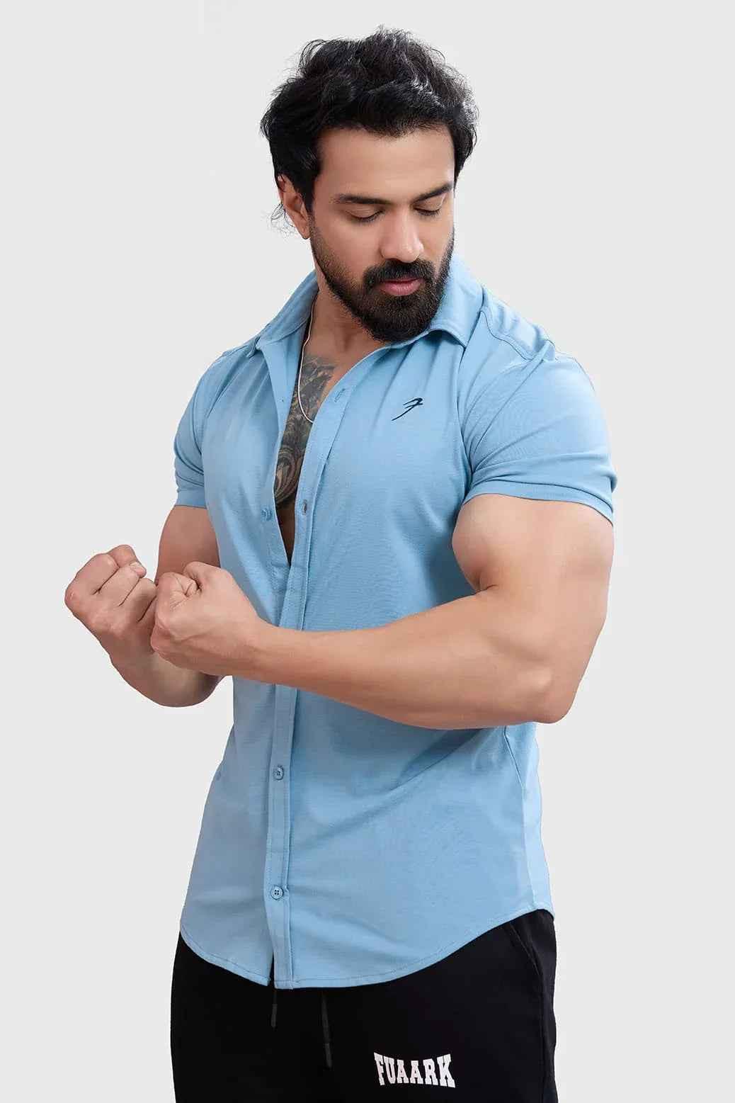 Men's Aero Shirt by Fuaark Nz in stone blue, featuring a casual fit and soft fabric, suitable for everyday wear.