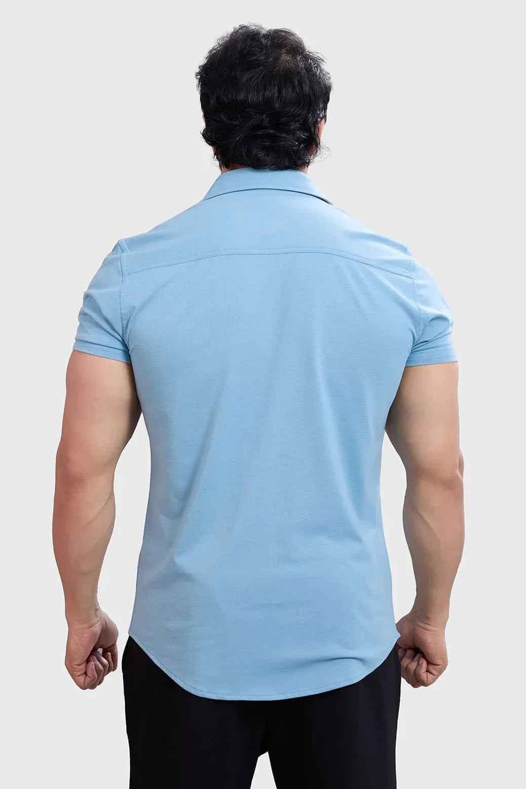 Men's Aero Shirt in Stone Blue by Fuaark Nz, featuring a casual fit and stylish design, shown on a model.