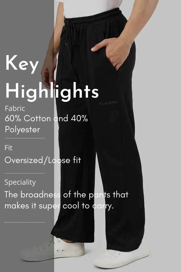 Fuaark Nz Pinnacle Black Straight Leg Pants with oversized fit and 2-way stretch, shown in a relaxed fit style.