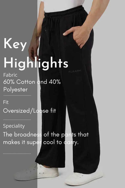 Fuaark Nz Pinnacle Black Straight Leg Pants with oversized fit and 2-way stretch, shown in a relaxed fit style.