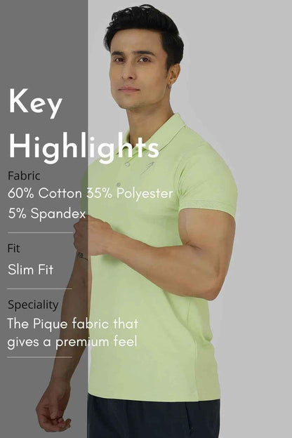 Fuaark Nz Aura Polo T-shirt in lime green, casual polo style with short sleeves and classic collar, front view.