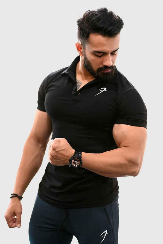 Black Polo T-shirt from Fuaark Nz featuring a classic polo collar and comfortable fit for timeless style.