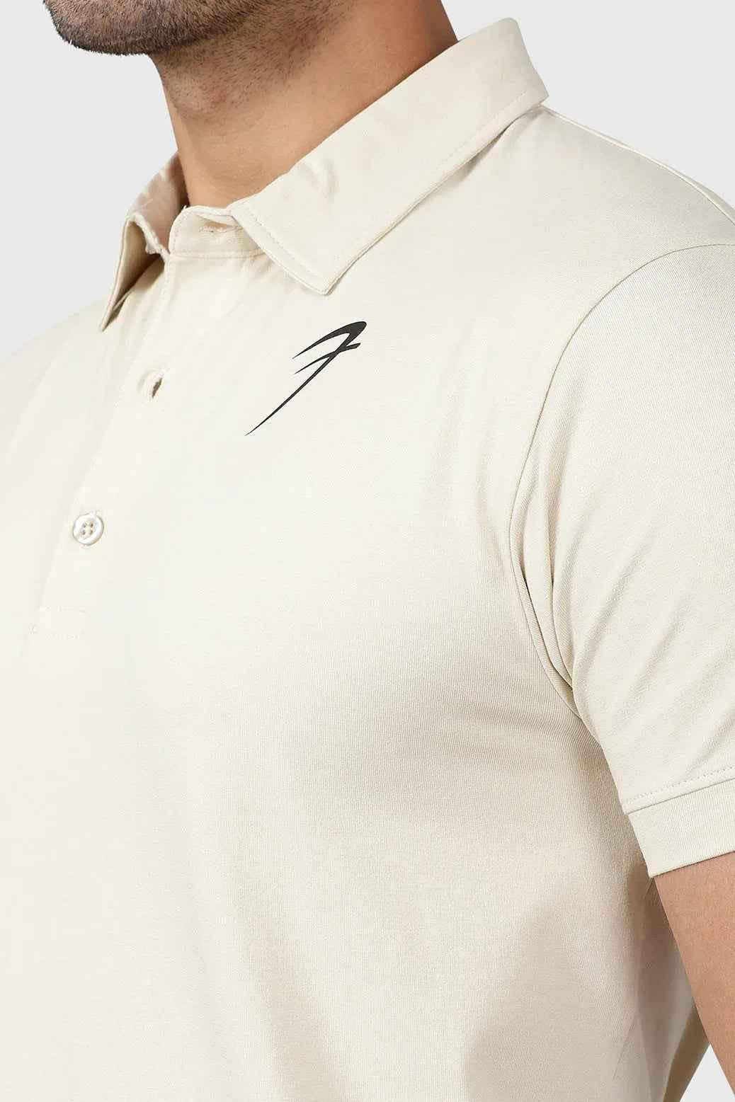 Beige Polo T-shirt from Fuaark NZ, casual men's polo shirt with a classic collar and short sleeves, on a plain background.