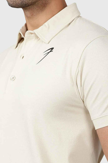 Beige Polo T-shirt from Fuaark NZ, casual men's polo shirt with a classic collar and short sleeves, on a plain background.