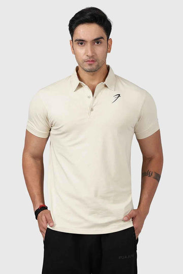 Beige Fuaark Nz polo T-shirt for men, slim fit, soft cotton fabric, classic collar and short sleeves.