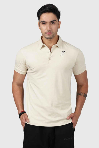 Beige Fuaark Nz polo T-shirt for men, slim fit, soft cotton fabric, classic collar and short sleeves.