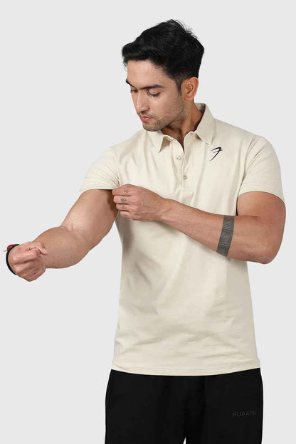 Beige Polo T-shirt from Fuaark Nz featuring a classic fit and short sleeves, displayed flat on a plain background.