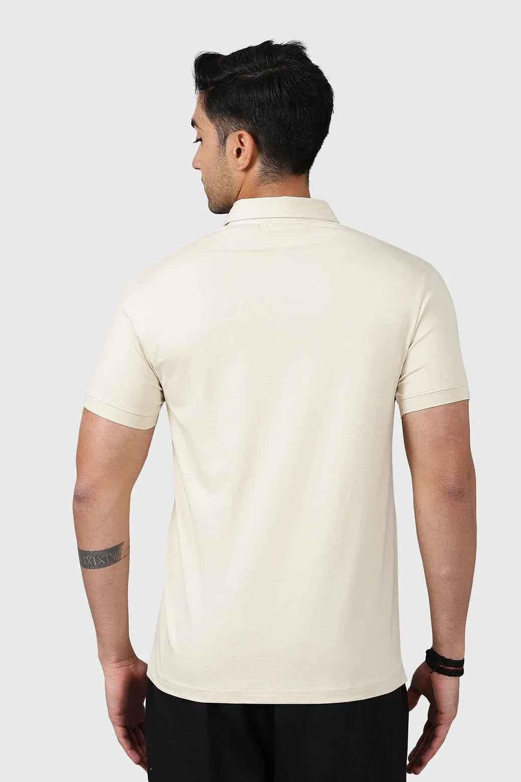 Beige Polo T-shirt from Fuaark Nz, featuring a classic collar and short sleeves, perfect for casual wear.