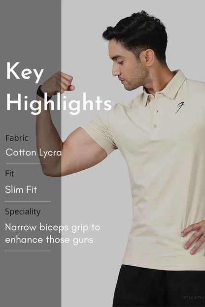 Beige Polo T-shirt by Fuaark Nz, men's casual polo shirt with a classic collar and short sleeves, made from comfortable fabric.
