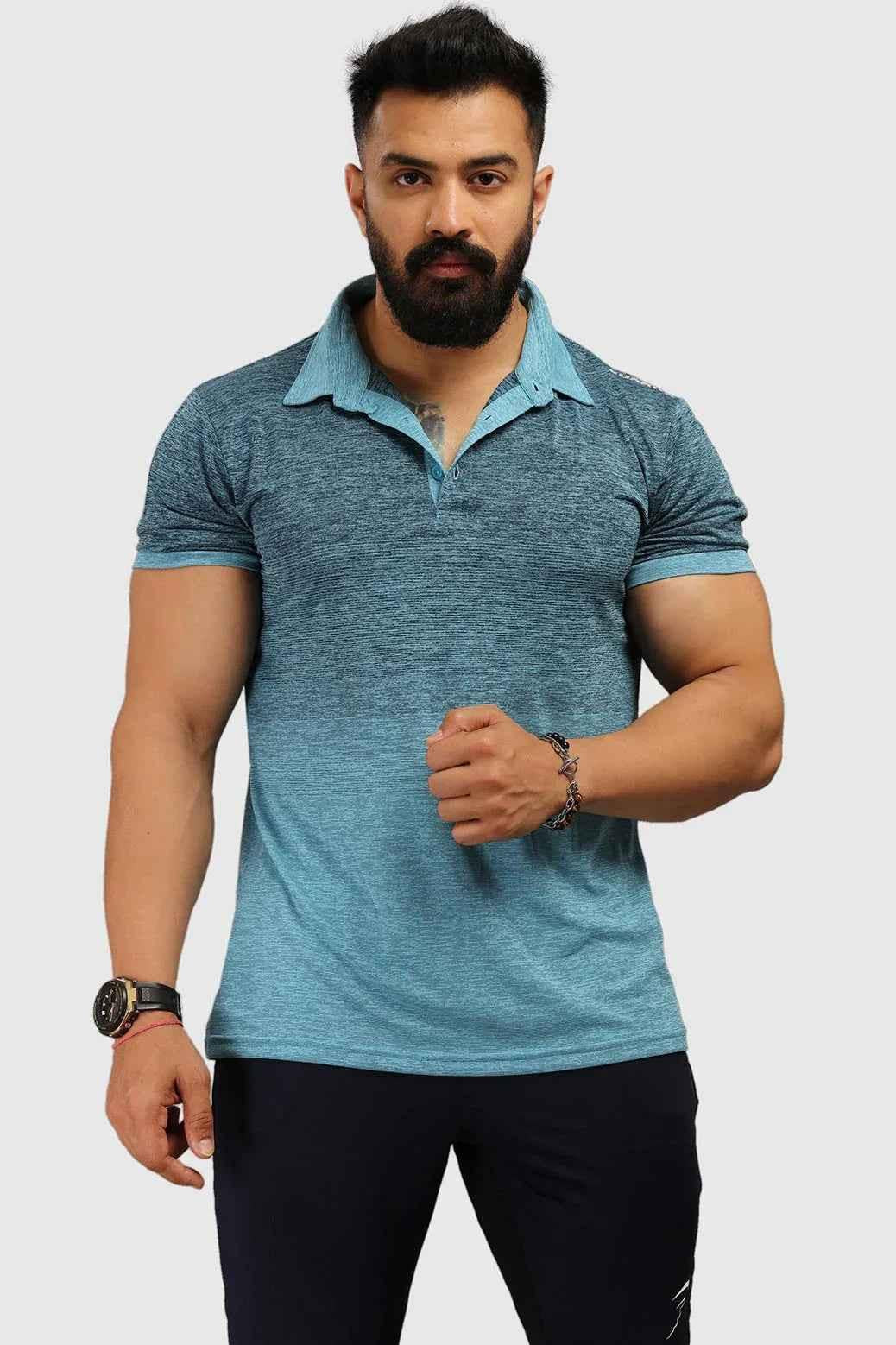 Fuaark Nz Raw Polo Blue T-shirt, regular fit, soft cotton fabric, casual men's polo shirt, front view.