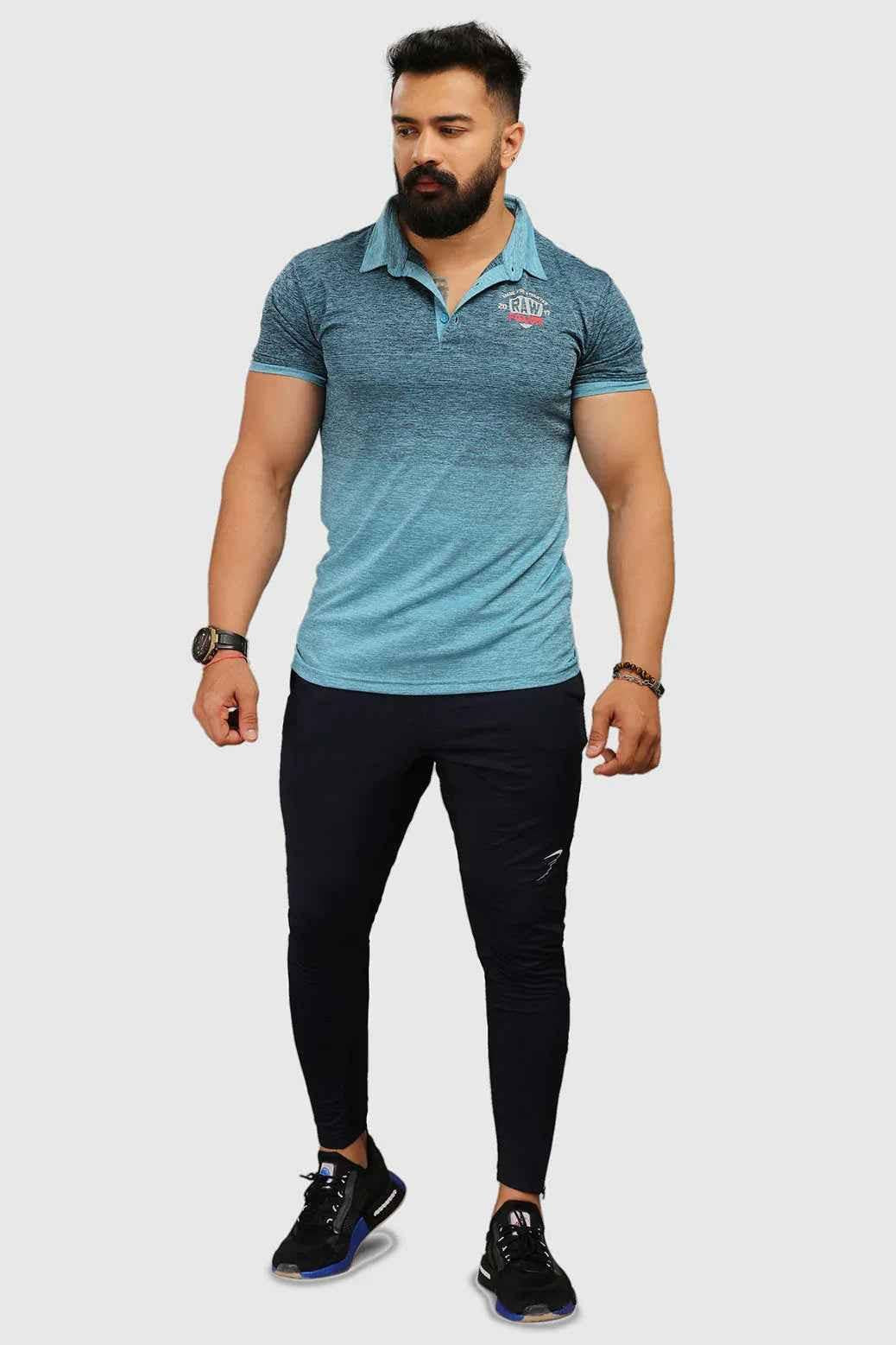 Blue Raw Polo Slim Fit T-shirt by Fuaark Nz, showcasing the fitted design and soft fabric on a mannequin.