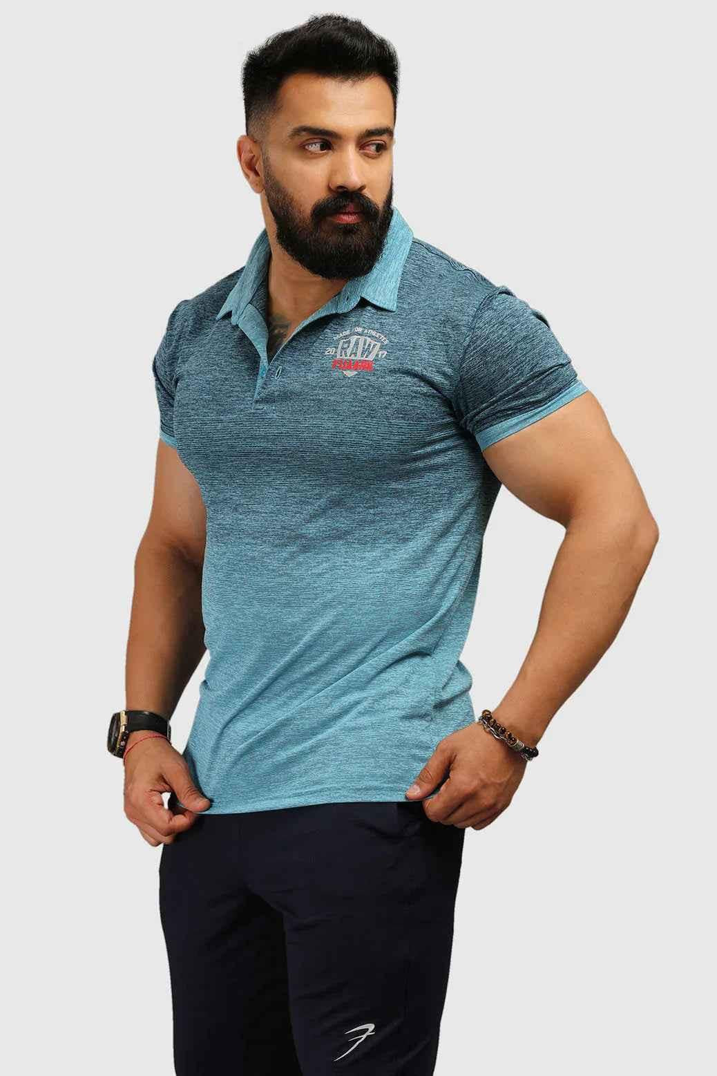Blue Raw Polo Slim Fit T-shirt by Fuaark Nz, showing the fitted polo shirt with a classic collar and short sleeves.