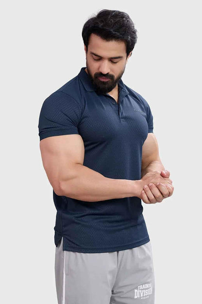 Navy Wave Polo T-shirt by Fuaark Nz featuring a classic polo collar and wave detail on the front, made from comfortable fabric.