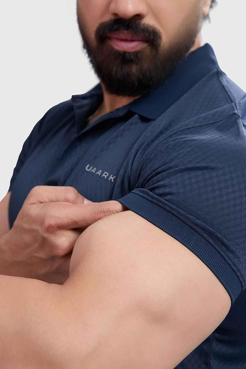 Navy Wave Polo T-shirt by Fuaark Nz, men's casual polo with wave design, made from soft fabric, front view.