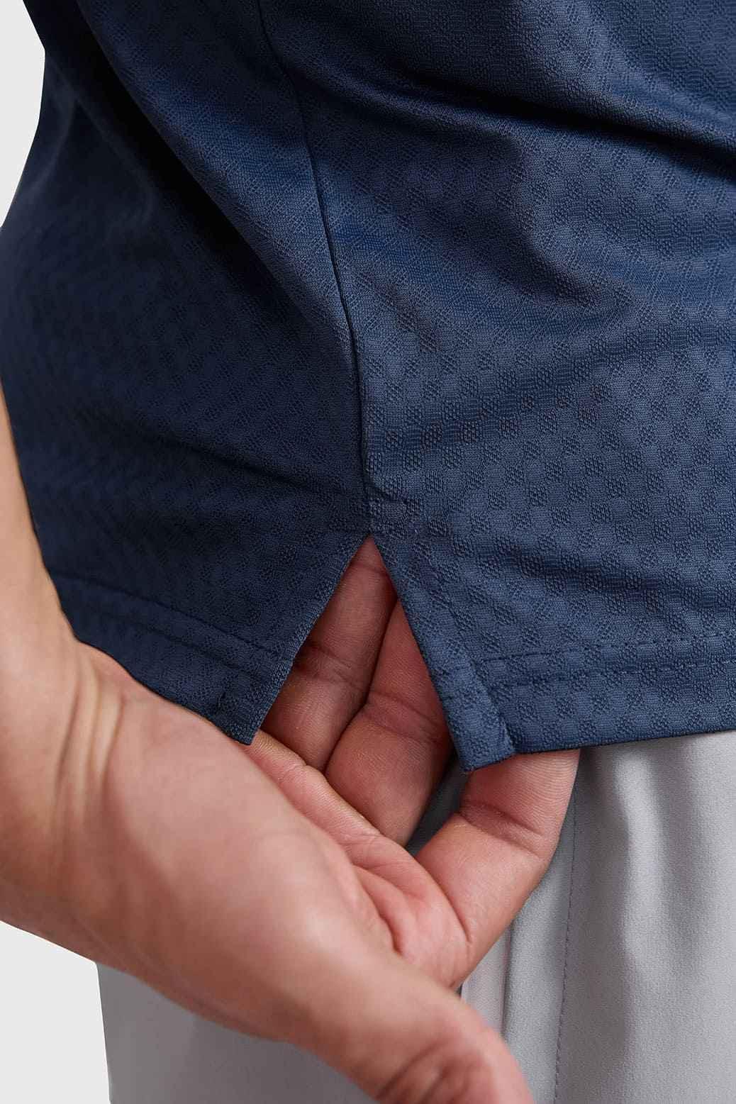 Navy Wave Polo T-shirt by Fuaark NZ, featuring a classic polo collar and short sleeves, casual men's apparel.