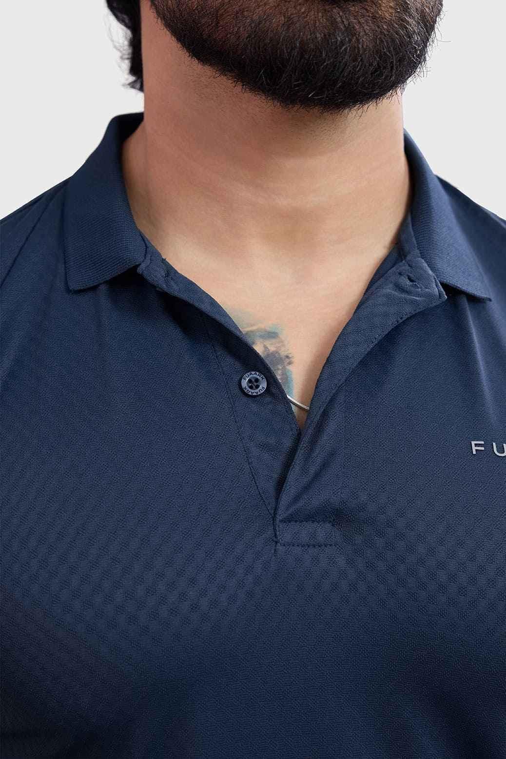 Fuaark Nz navy Wave Polo T-shirt, men's casual polo with wave design, made from comfortable fabric, front view.