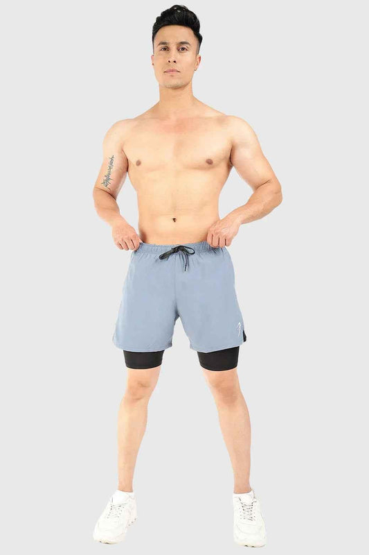 Light grey 2-in-1 5-inch compression shorts by Fuaark Nz, featuring a snug fit and athletic design for active wear.