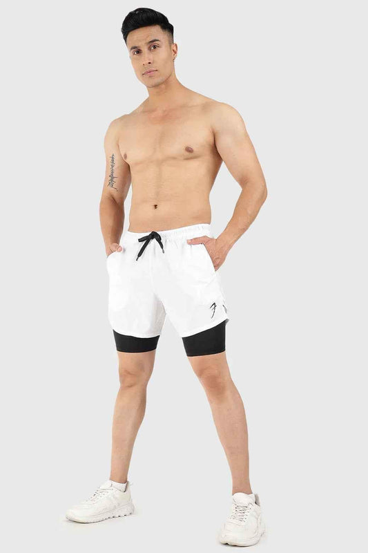 Fuaark Nz 2-in-1 5-inch white compression shorts featuring a sleek, stretchy design for active wear and athletic performance.