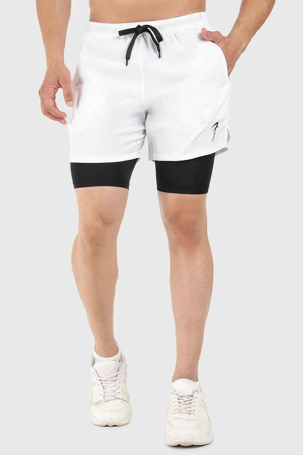 White 2-in-1 5-inch compression shorts by Fuaark Nz, designed for athletic performance and comfort.
