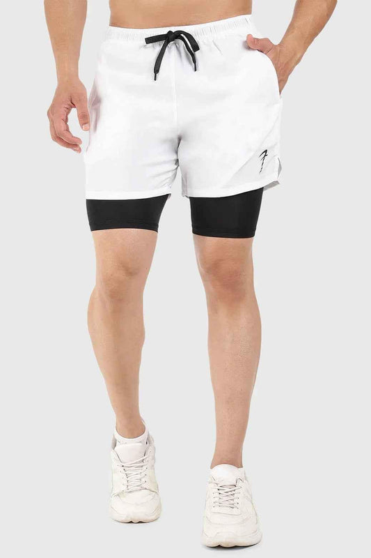 White 2-in-1 5-inch compression shorts by Fuaark Nz, designed for athletic performance and comfort.