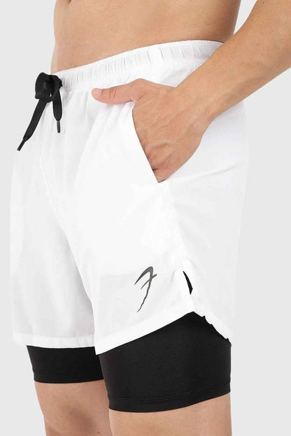 White 2-in-1 5-inch compression shorts by Fuaark Nz, featuring a snug fit and athletic design for active wear.