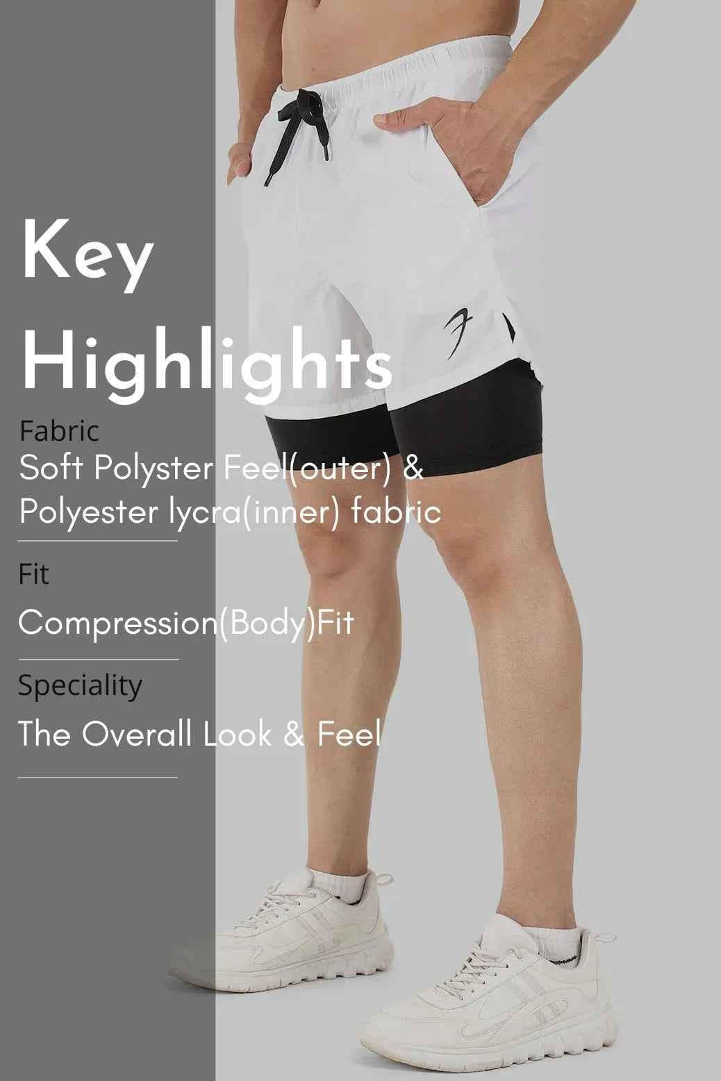 White 2-in-1 5-inch compression shorts by Fuaark Nz, designed for athletic performance and comfort.