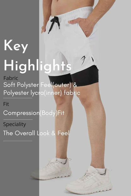 White 2-in-1 5-inch compression shorts by Fuaark Nz, designed for athletic performance and comfort.