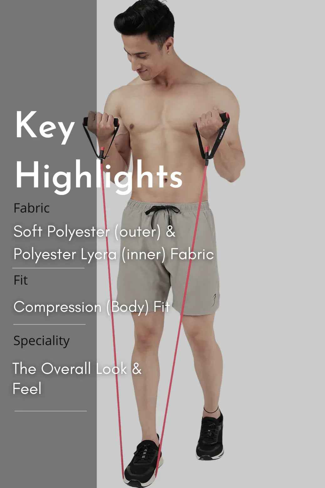 Beige 2-in-1 compression shorts by Fuaark Nz, fitted and stretchy athletic shorts with a sleek design.