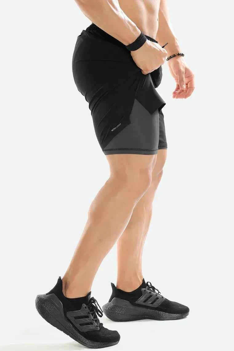 Black 2-in-1 compression shorts by Fuaark Nz, designed for athletic performance and comfort.